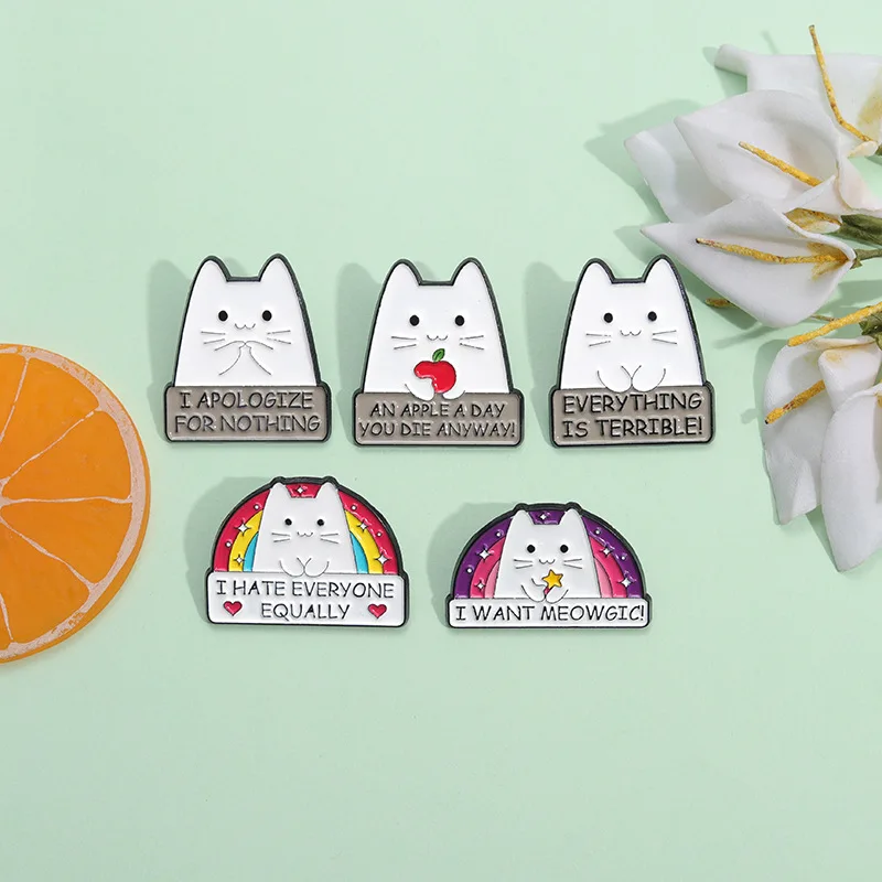 Cute Rainbow Cat Enamel Pins Funny Kitten Phrase I HATE EVERYONE EQUALLY Brooches Lapel Backpack Badge Jewelry Accessories