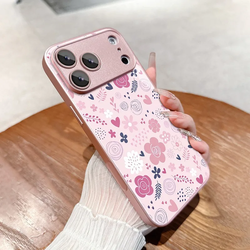 

Cute Rose Daisy Love Pattern Pink Metallic Tempered Glass Phone Case For iPhone 17 Pro Max 11 12 13 14 15 16 Plus 17 Air Cover
