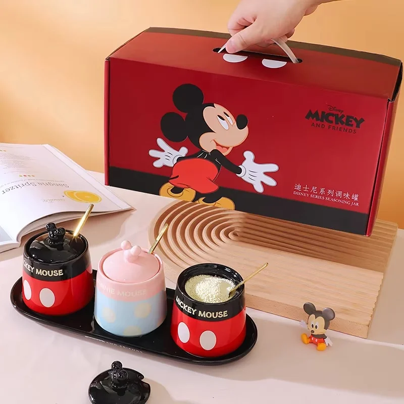 

Disney Mickey Seasoning Box Ceramic Seasoning Pot Set Salt Pot With Spoon Seasoning Pot Kitchen Household Cartoon Seasoning Box