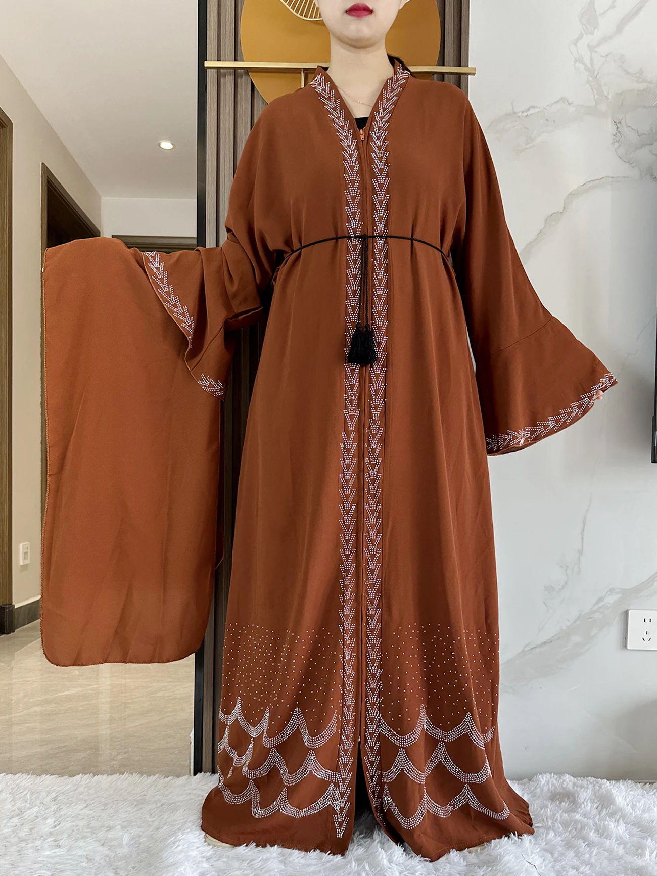 2024 Women Elegant Dress Dubai Party Outfits Long Sleeve Chiffon Rhinestones  Muslim Women Robe Open African Abaya Clothing