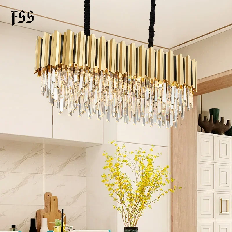 Modern Luxury Crystal Gold Rectangle Round Chandelier Lighting For Dining Room Living Room Lamp Kitchen Island Light Fixtures