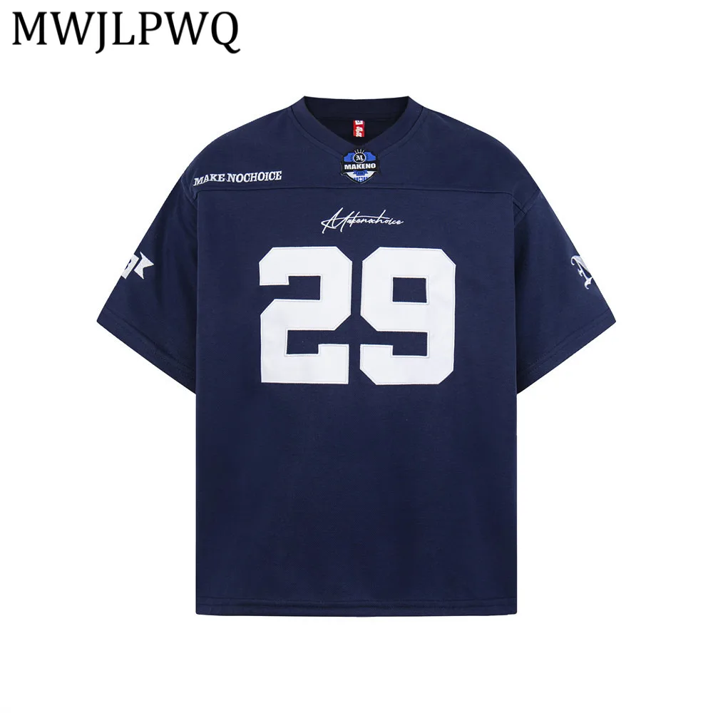 

MWJLPWQ Embroidery V-Neck Short Sleeve T-Shirt For Men Sports Wear Summer High Street Loose Fit Casual Tee 2026 New Chic 16412