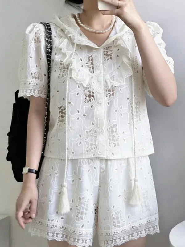

Solowen Lace Hollow out Hook Flower Short Sleeve Shirt with Hat Elastic Short Pants Women's Fashion Set Summer Spring Collection