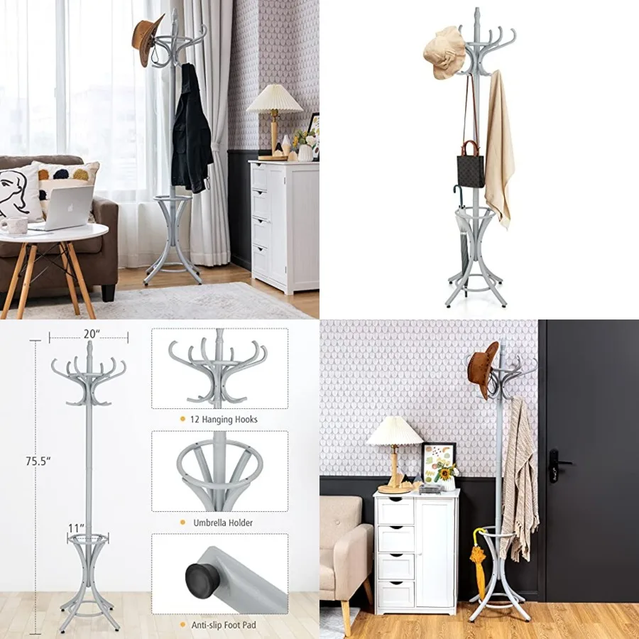 

75.5" Standing Coat Rack, Wood Coat Tree with 12 Hooks, Home Hat Jacket Hanger Tree 12 with Umbrella Holder Coat Stand
