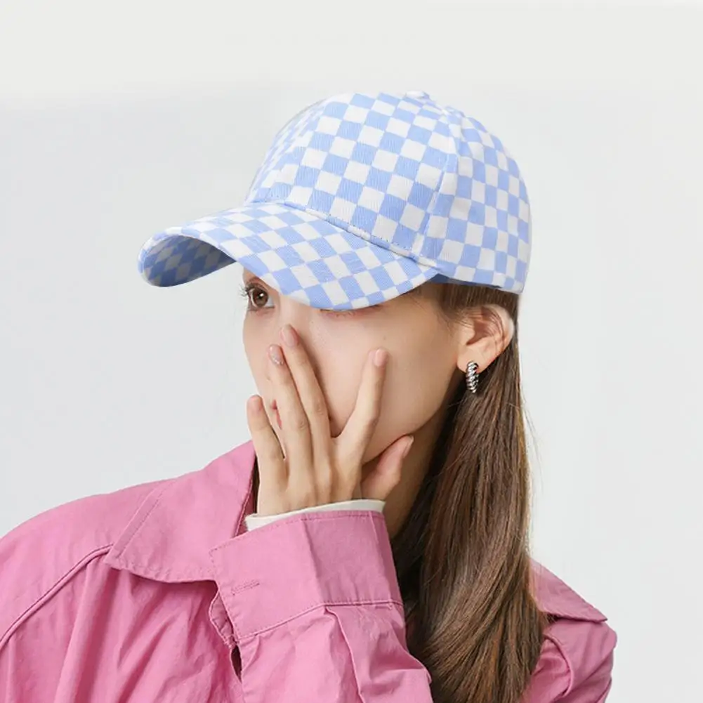 

Unisex Baseball Hat Plaid Print Long Brim Adjustable Ponytail Hole Headwear Anti-UV Sun Protection Outdoor Sport Peaked Cap 태양모