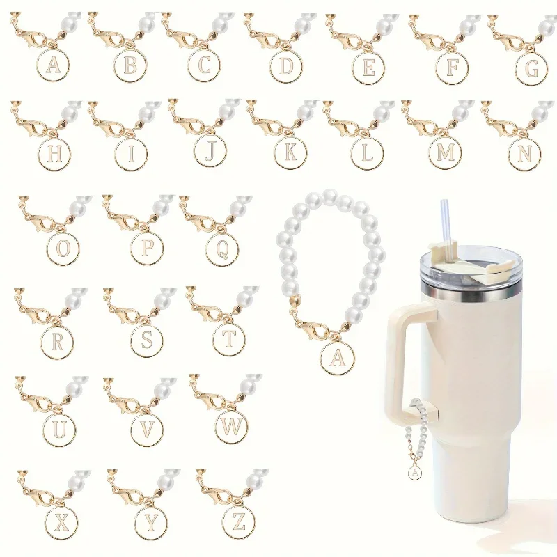 

Pearl Chain Letter Charm for Cup Accessories Lobster Clasp Initial Name Decorations Water Bottle Tumbler Handle Pendant