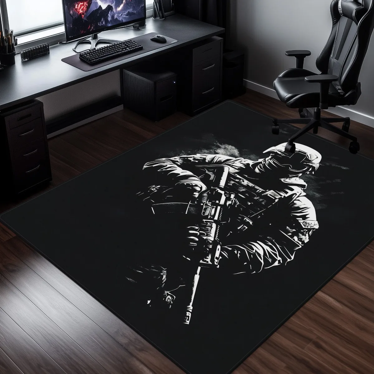 1pc Dark‑Art Soldier Print Area Rug, Non‑Slip Washable Floor Mat for Kitchen, Bathroom, Entryway, Yoga, Camping, Picnic