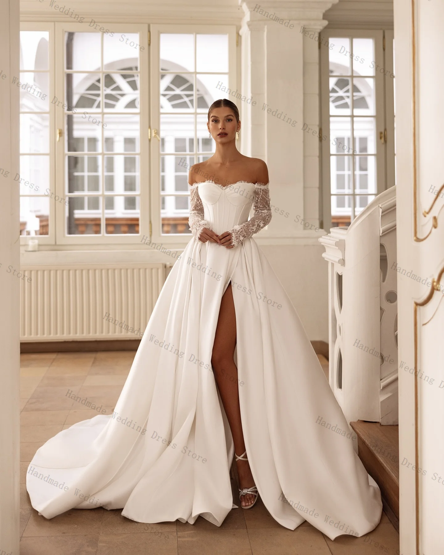 

White Satin Lace A Line Women Wedding Dress Sexy Sweetheart Full Sleeves Side Split Bridal Gown Customized Robe Sweep Train
