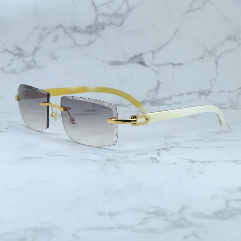 화이트 버팔로 경적 태양 안경 작은 다이아몬드 컷 선글라스 진짜 버팔로 경적 세련된 빈티지 카터 럭셔리 안경 골드 프레임