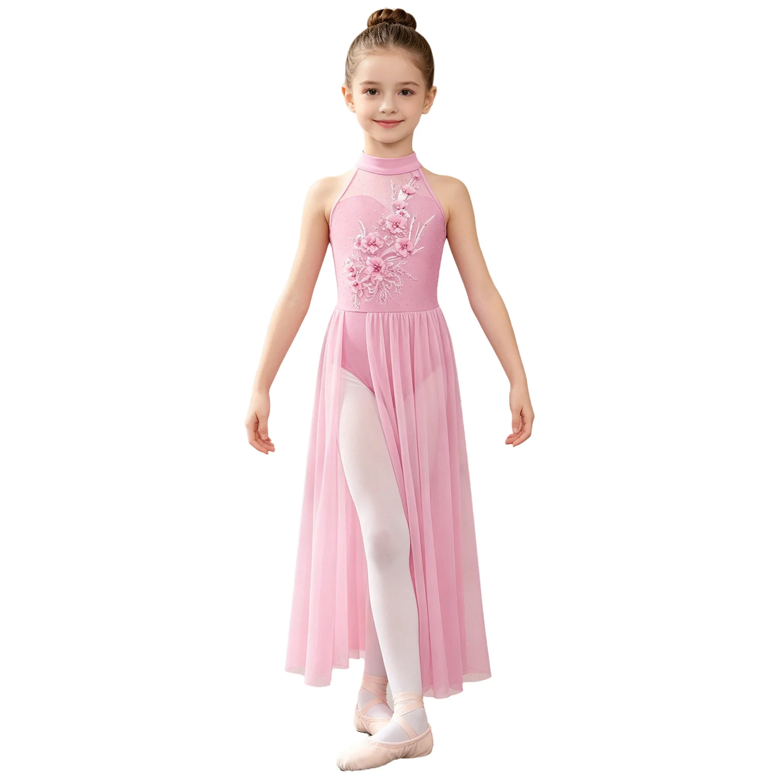 Kids Modern Dancewear Lyrical Dance Dress Girls Applique Split Mesh Leotard Dress for Stage Performance Sleeveless Ballet Outfit