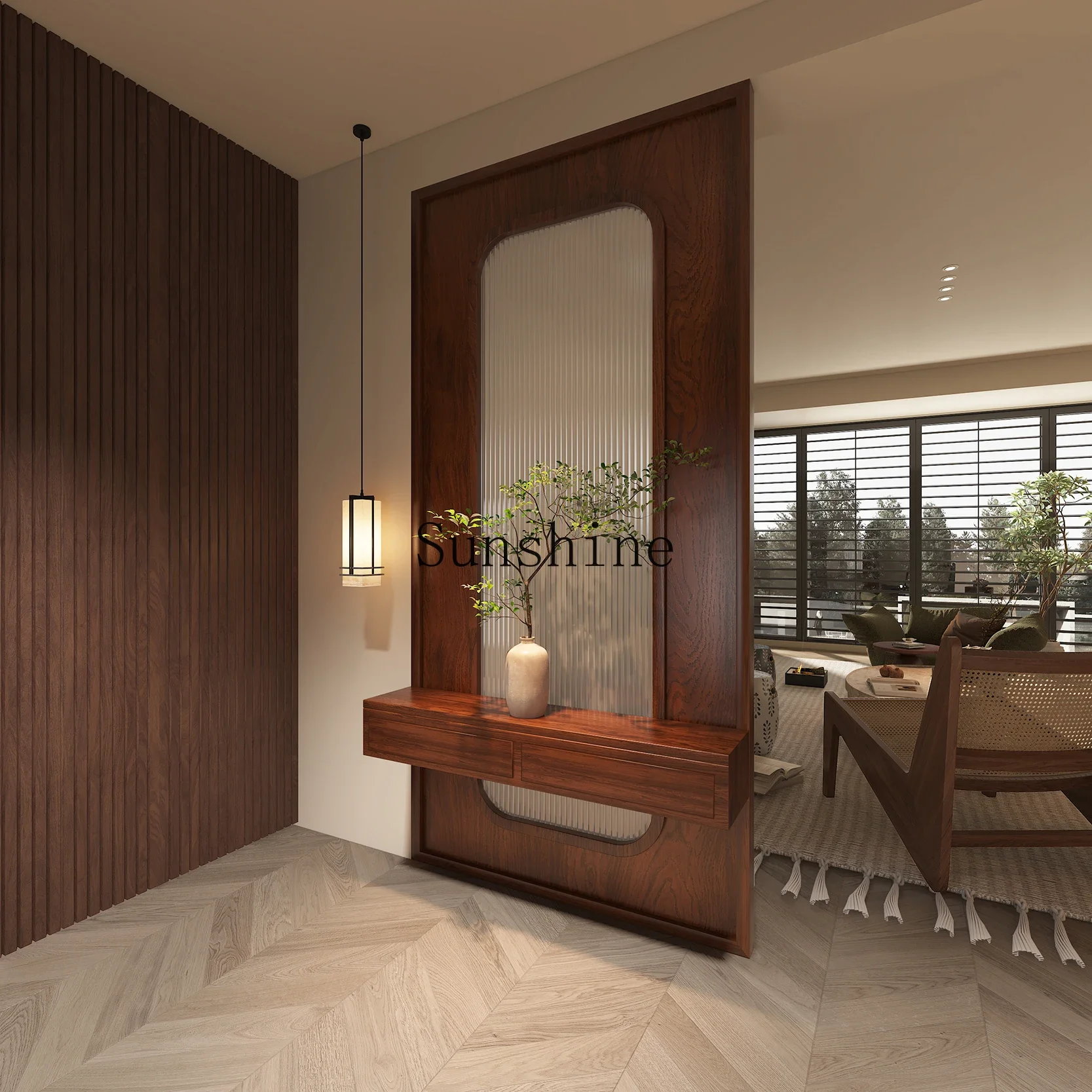 

New Chinese-style Changhong glass partition screen living room entrance porch block simple modern solid wood shape shelf FT