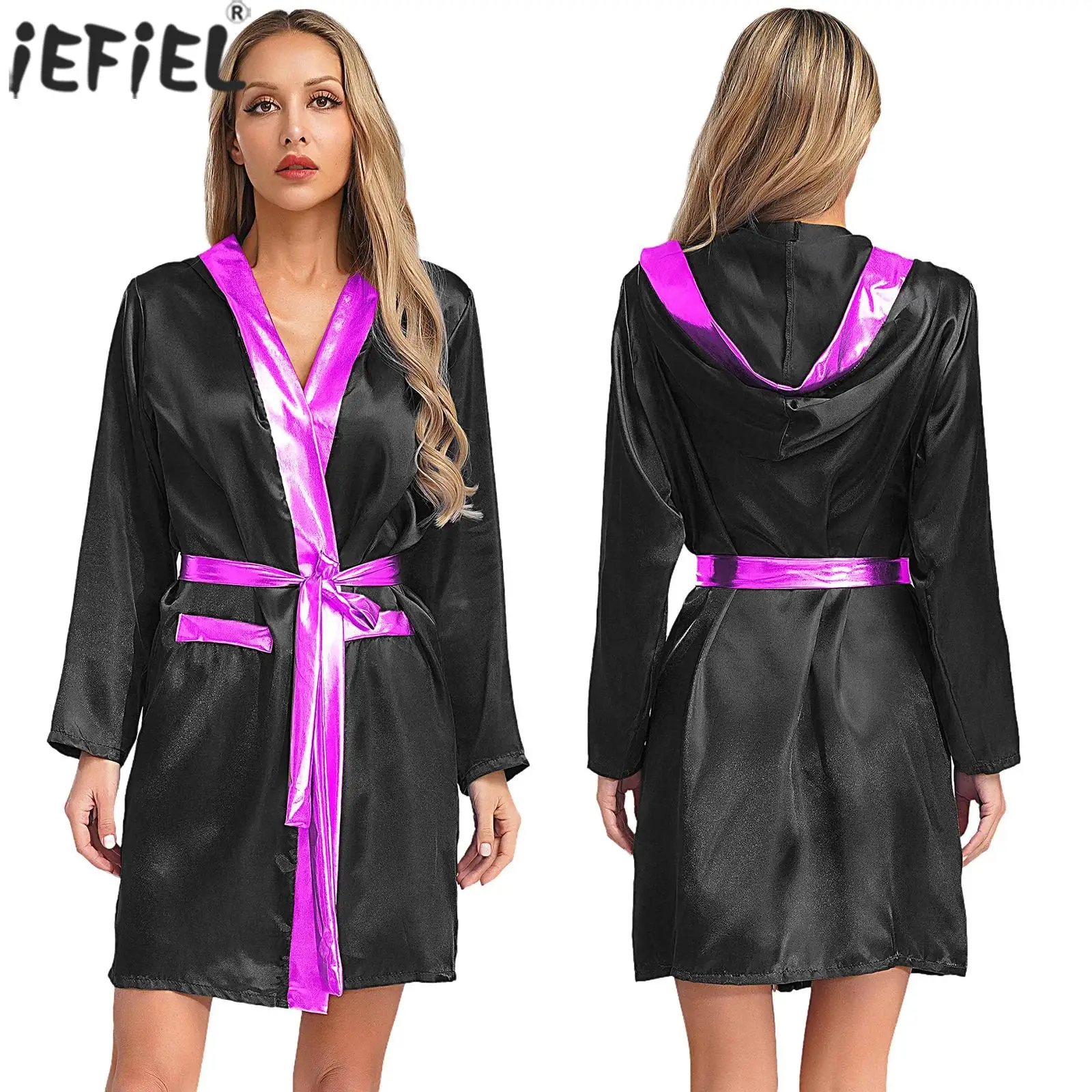 

Women Halloween Carnival Wrestling Singlet Boxer Boxing Cosplay Competition Robe Long Sleeve Satin Hooded Cloak with Belt Robes