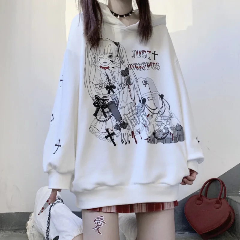 2024 Spring Japanese Harajuku Anime Gothic Girl Print Hoodies Drop Shoulder Long Sleeve Loose Hooded Sweatshirt Teens Streetwear