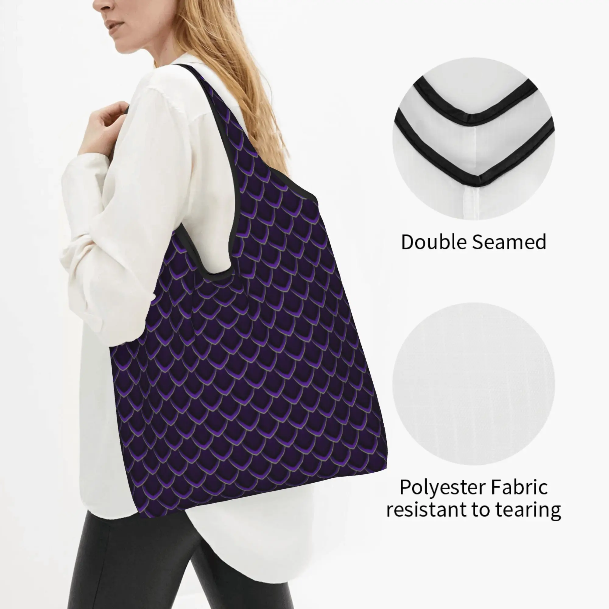 Custom Dragon Mermaid Fish Scales  Shopping Bags Women Portable Big Capacity Grocery  Shopper Tote Bags