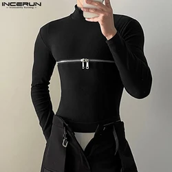 INCERUN Men T Shirts Solid Color Turtleneck Long Sleeve Fitness Streetwear Camisetas 2024 Hollow Out Zipper Casual Men Clothing