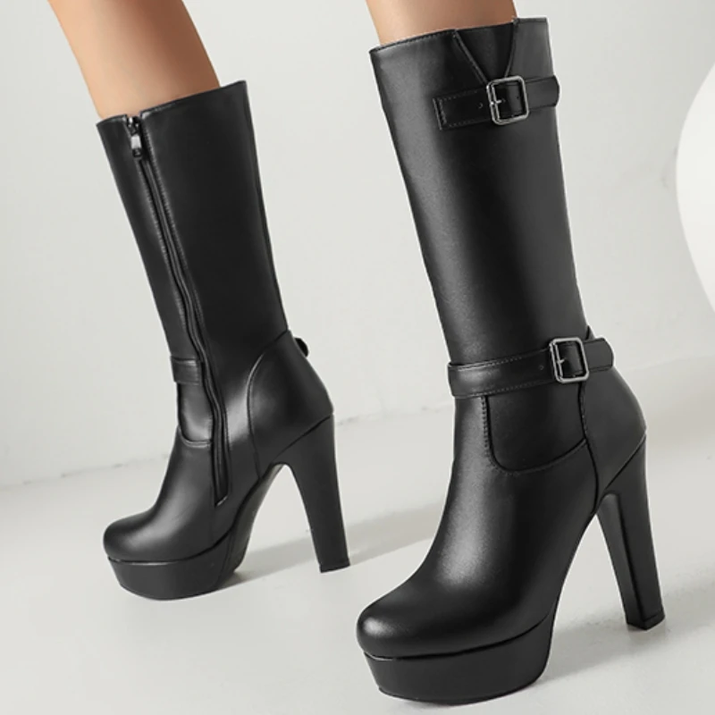 Black Knee High Boots for Women Platform Yellow Block High Heels Long Boot Black Red Footwear Winter Shoes Lady Large Size 48