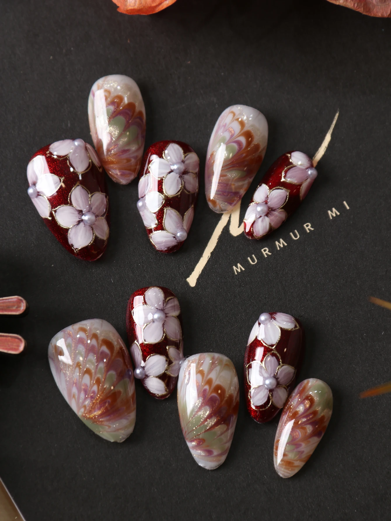 10Pcs Press on Nails Short Almond Colorful Feather Press on Nails Fake Nails Includes 1 Sheet of Adhesive Tabs & 1 Pc Mini File