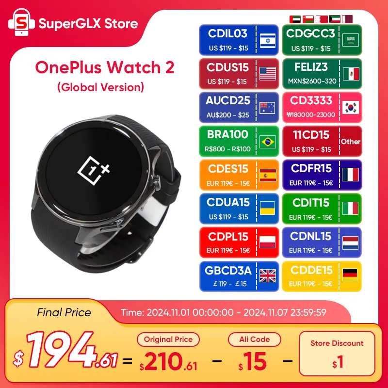 

Global Version OnePlus Watch 2 Smart Watch 2GB RAM 32GB ROM 1.43'' AMOLED Display Google Wear OS 4 Dual Frequency GPS NFC Watch