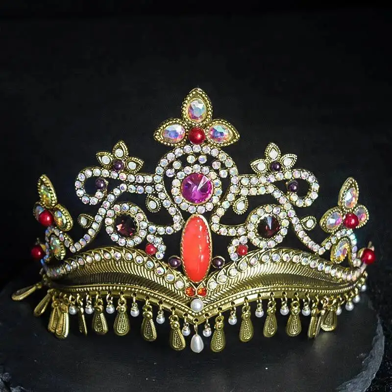 

Женские красочные диадемы со стразами и цветами с металлической короной с кисточками для женщин, головной убор для этнических танцев, аксессуары для волос