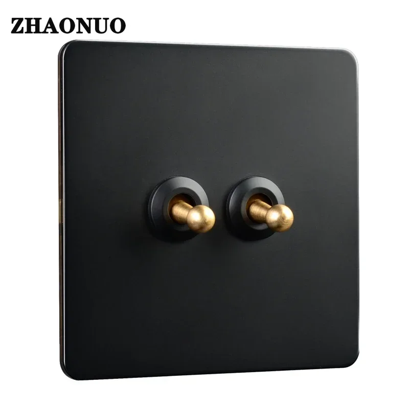 

Retro 1-4 Gang 2 Way Wall Light Toggle Switch Brass Knurled Lever Black Stainless Steel Panel Lamp Switch EU Socket