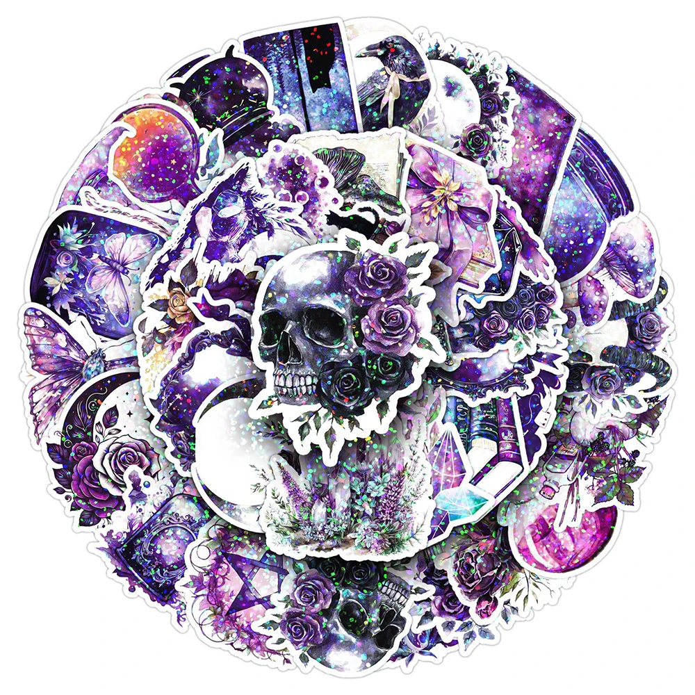 

10/30/50pcs Horror Purple Magic Witch Laser Stickers Vintage Gothic Skull Decals Motorcycle Phone Guitar Graffiti Sticker Decor