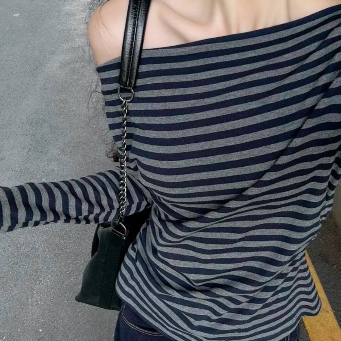 تي شيرت بأكمام طويلة جودة المرأة الخريف فانوس كم مضلع حافة واسعة شريط الحد الأدنى Citywalk الشباب طالب رقيقة #2