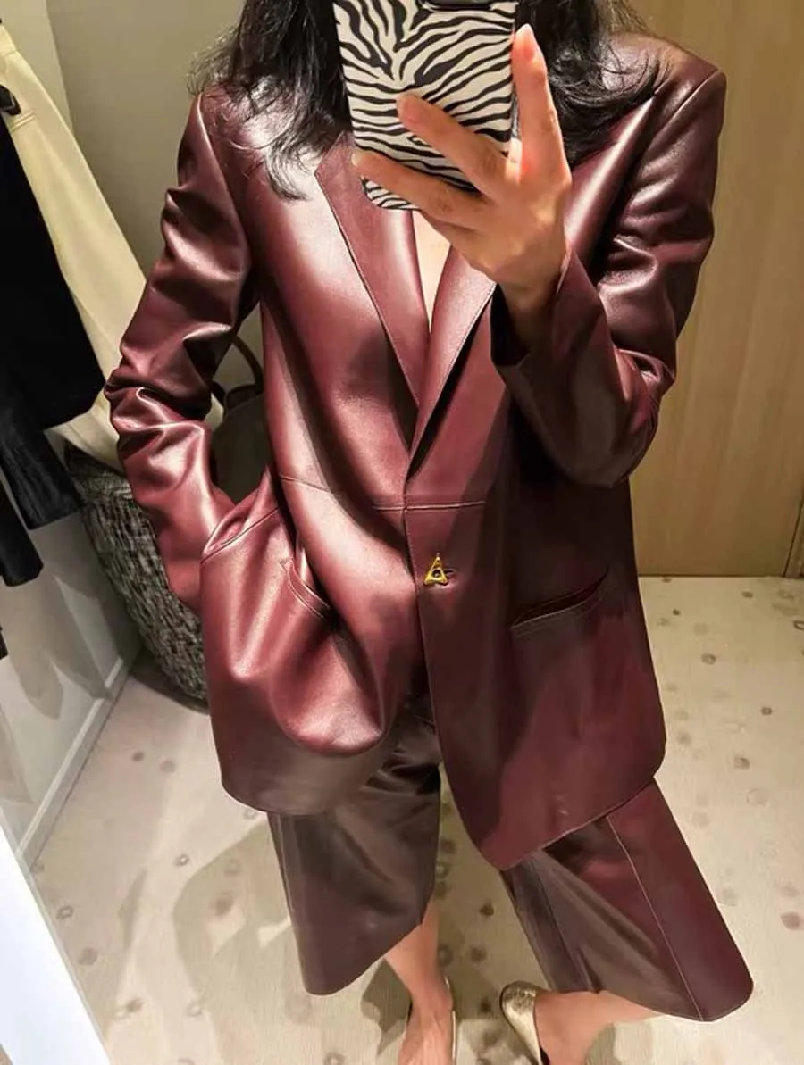 2025 Autumn Women's  Real Leather Jacket Female 100% Sheepskin Retro Wine Red Shoulder Suit Coat Streetwear Blazer Shorts Set