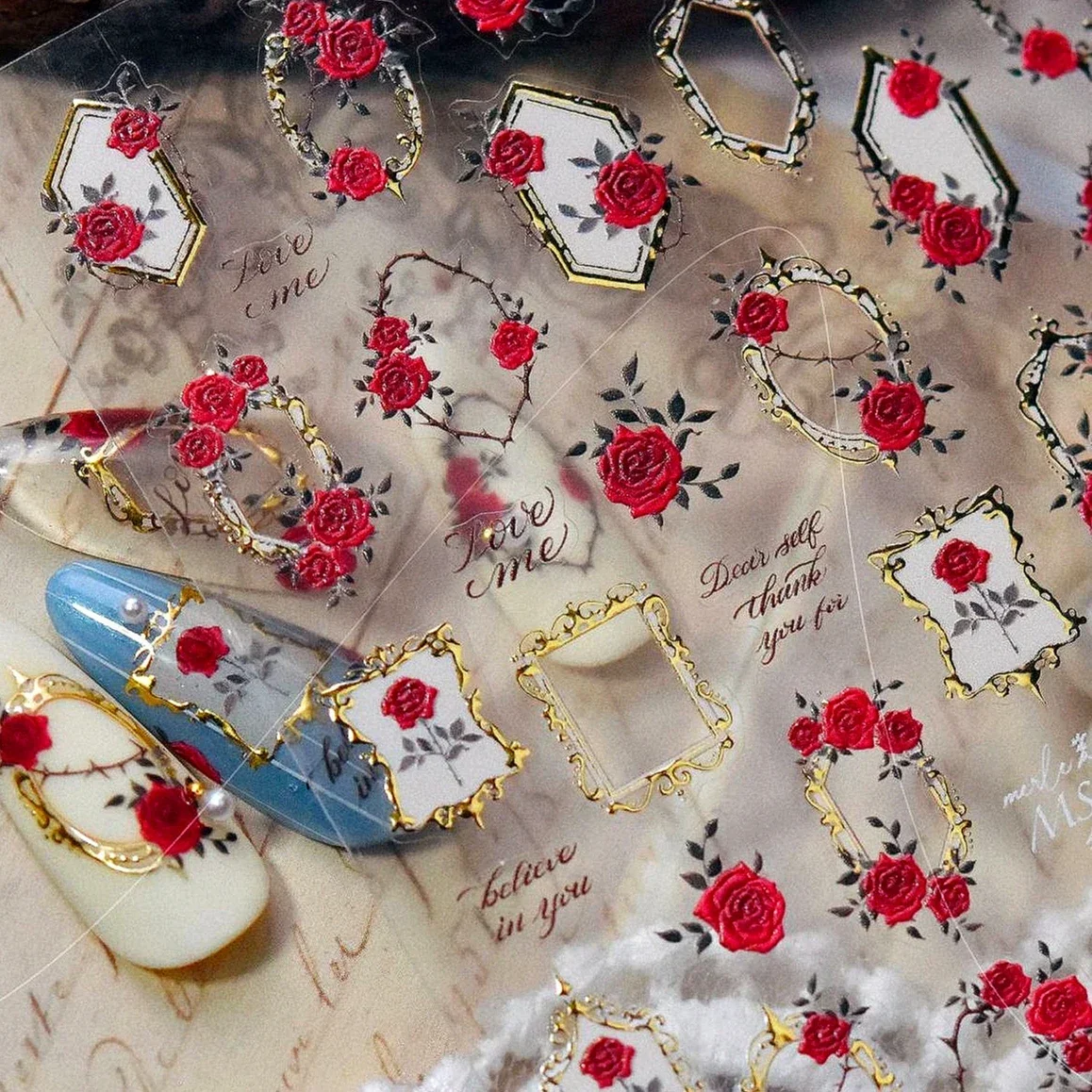 Pink Rose Flowers Butterfly Bowknot Rhinestones Pearl Ribbon Retro Photo Frame Geometric Charm Nail Art Stickers Manicure Decals