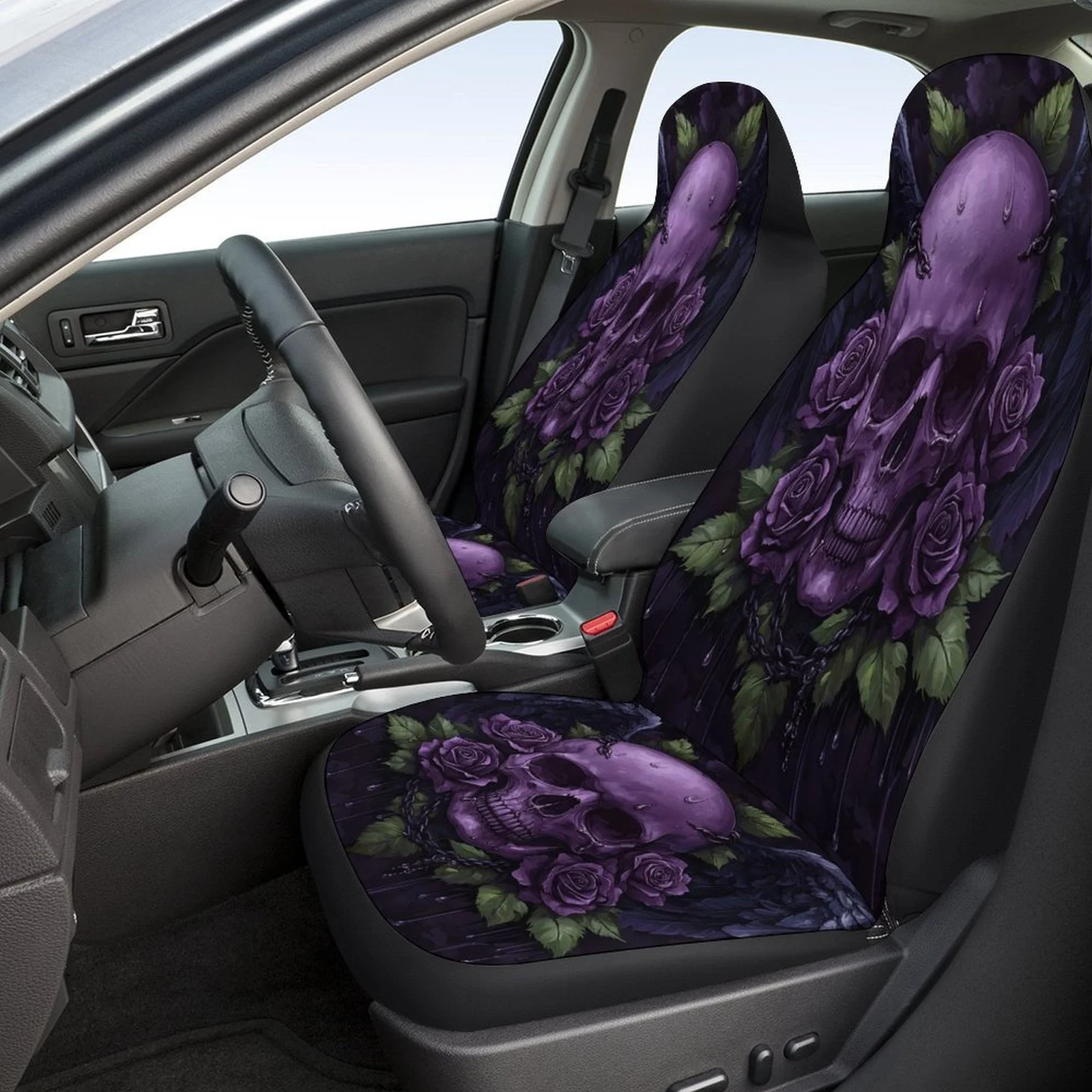 Purple Skull Roses Wings Themed Car Seat Cover Set For Most Cars, Trendy Novelty Car Seat Protector Covers Full Set, Car Seat C