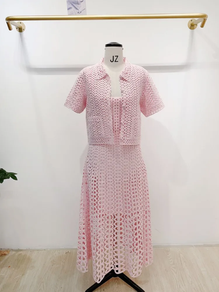 Summer Sweet Lady Diamonds Jacquard Hollowed Out Short Sleeved Knitted Cardigan Tops Coat Slim Fit Long Dress Set Two Piece Set image 4