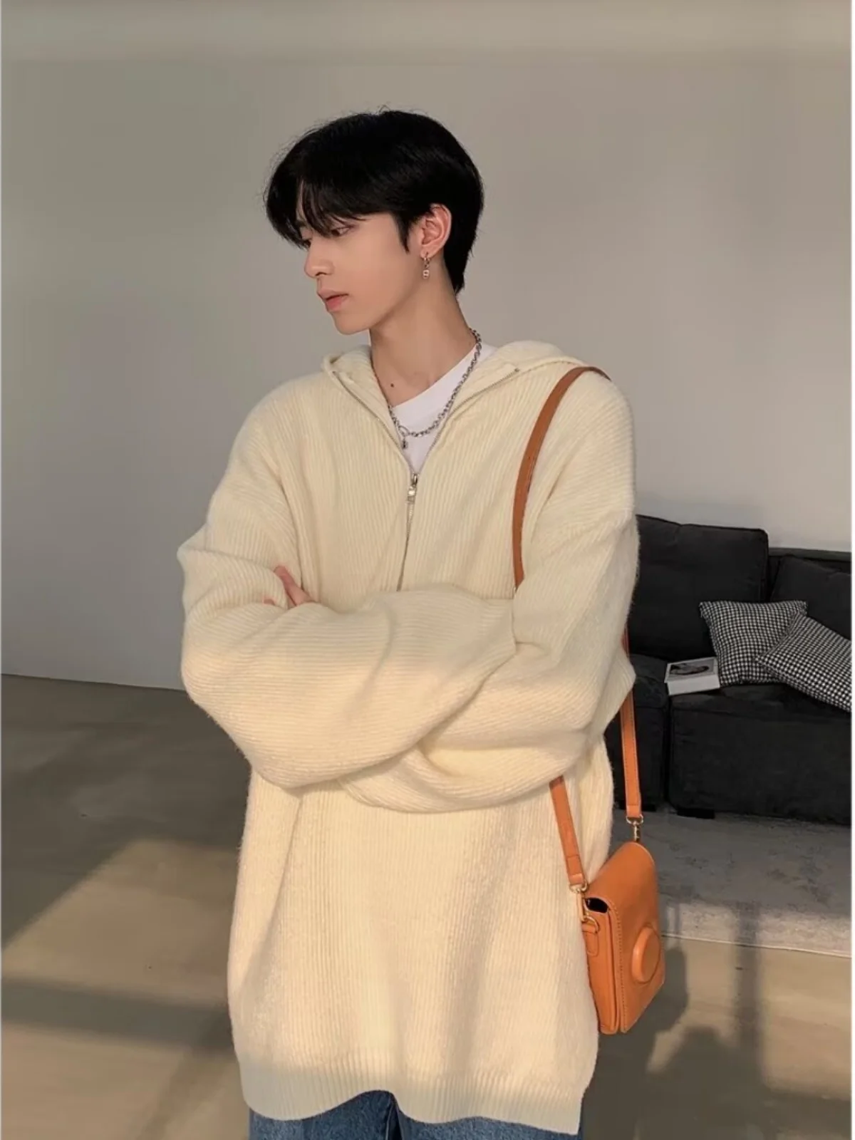 

Мужской зимний вязаный кардиган на молнии свободного кроя с воротником-стойкой, повседневная толстовка с длинным рукавом