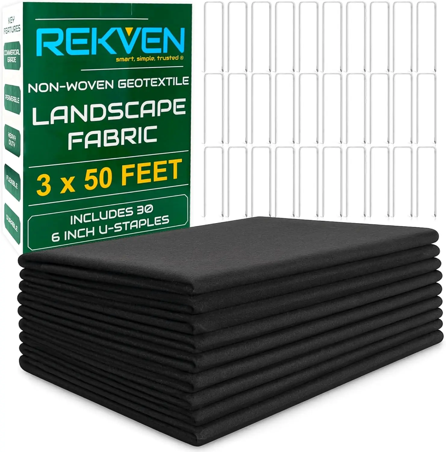 

Прочная нетканая геотекстильная ткань, 3x50 футов, для французских дренажей, защиты от сорняков, садового дренажа - в комплекте 30 скоб