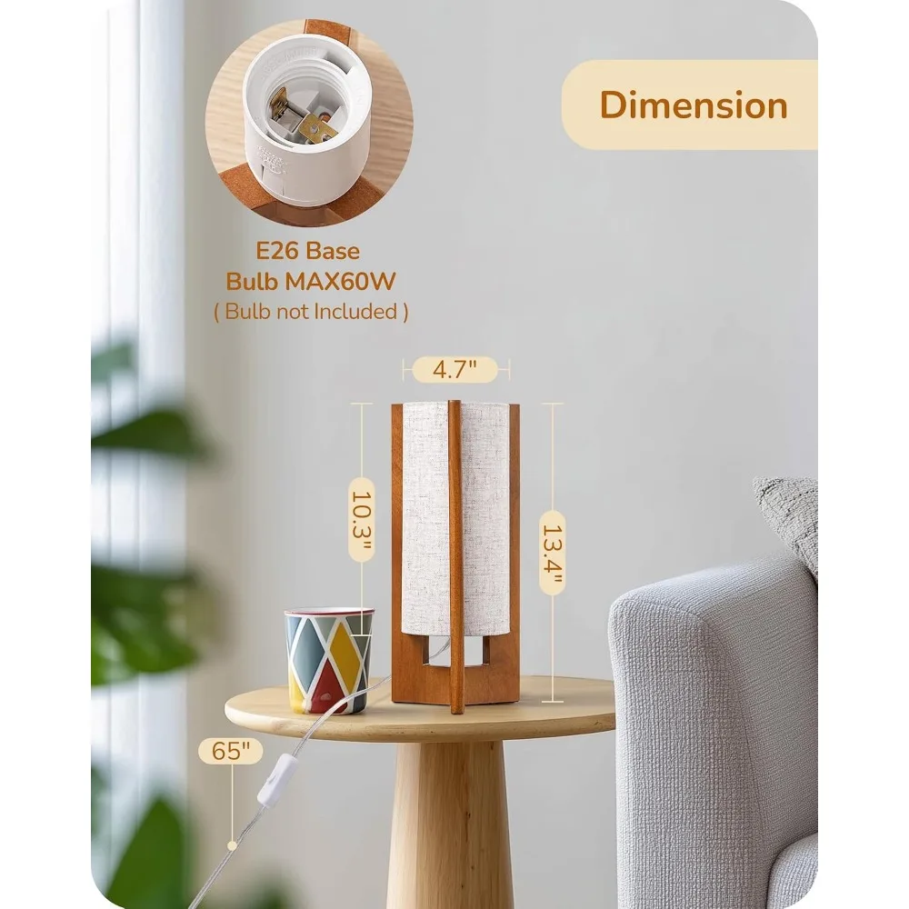 13.5" Small Table Lamp with Walnut Wood and Beige Linen Shade for Modern Bedside Lighting view 5