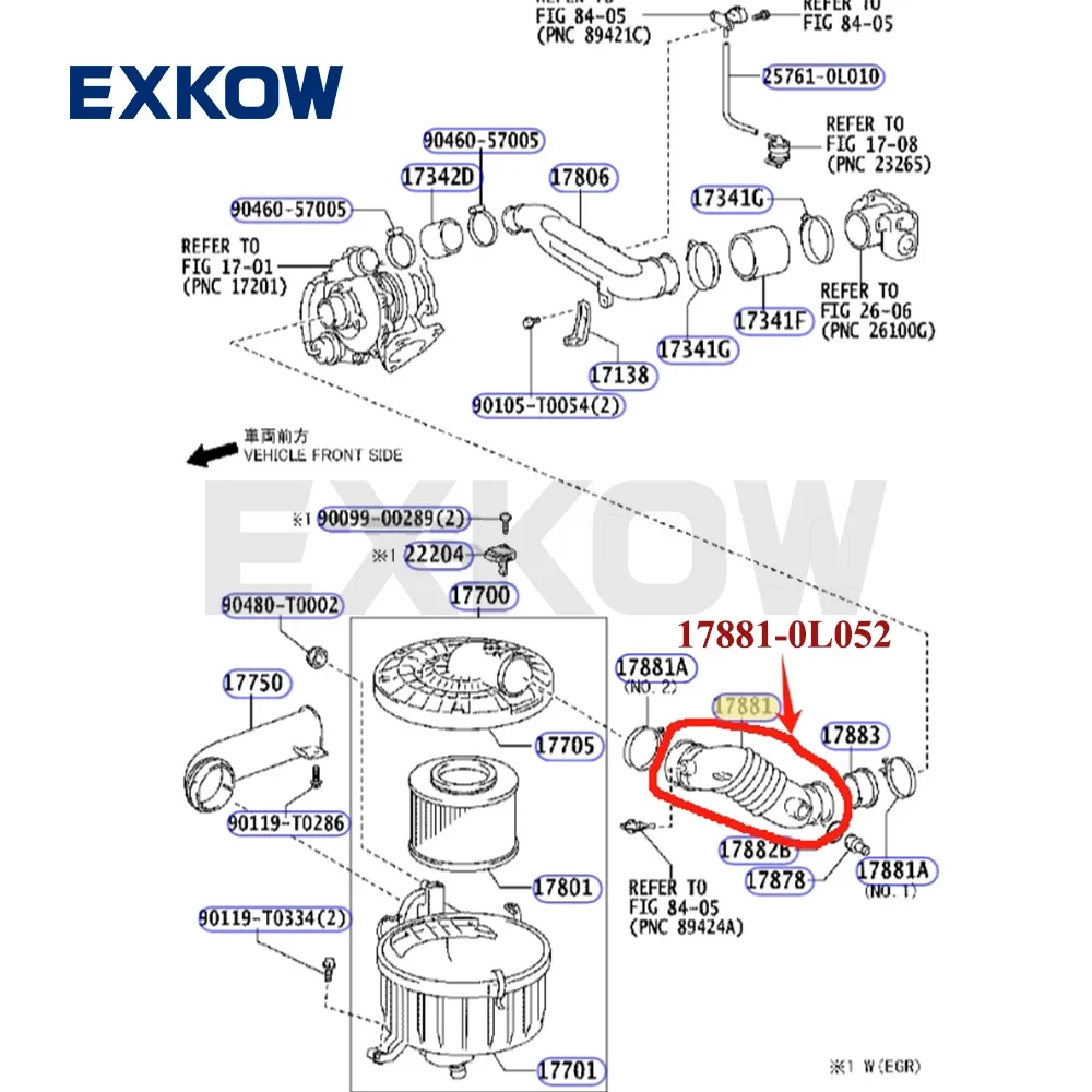 2KD NO.1 Air Cleaner Hose for Toyota Hilux Pickup VII Vigo 2004-2012 2011- Fortuner 2005-2012 Innova 17881-0L052 17881-0L051