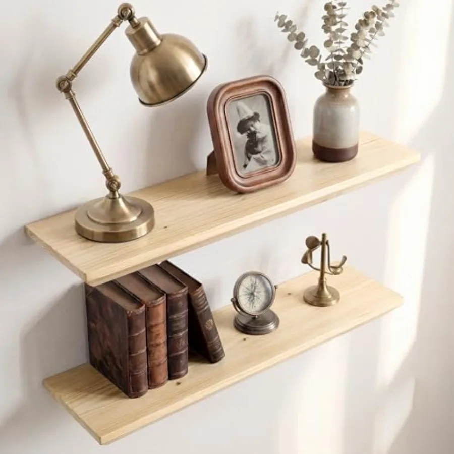 

Wall-mounted natural spruce wood floating shelves for living room bathroom bedroom kitchen; rustic finish; set of 2; DIY-friend