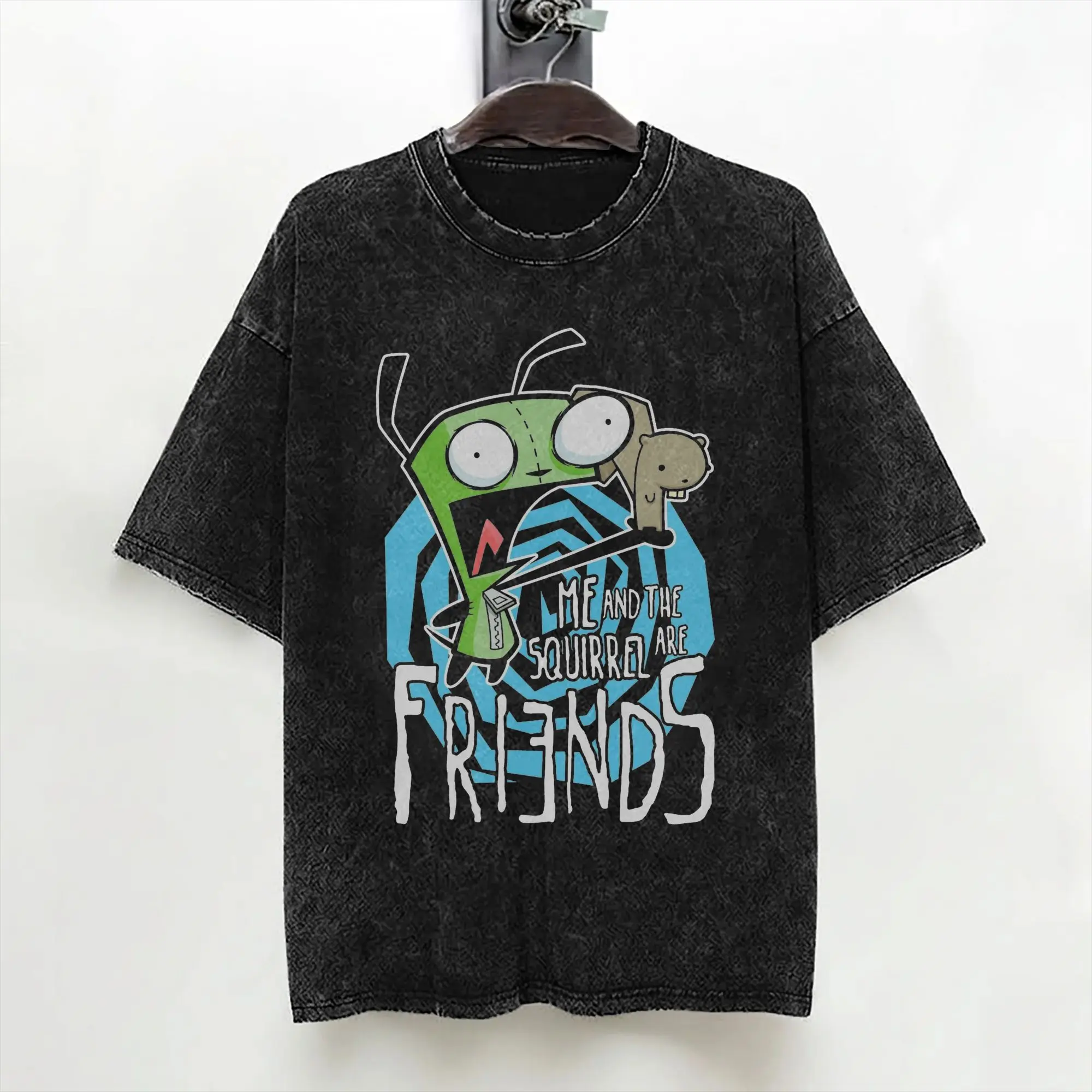 Cartoon Invaders Zim Gir Washed T Shirts Streetwear Retro T-Shirts  Tee Shirt Men Women 100% Cotton High Street Graphic Printed