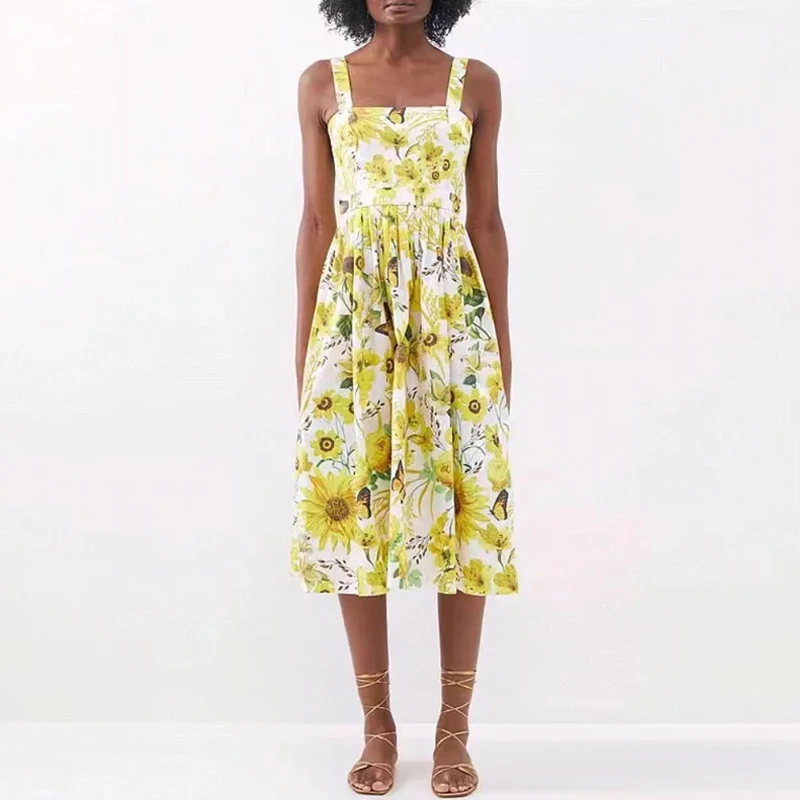 Vestido midi de verano de diseñador, sin mangas, con estampado floral, línea A, para vacaciones, con tirantes, para ir al tra...