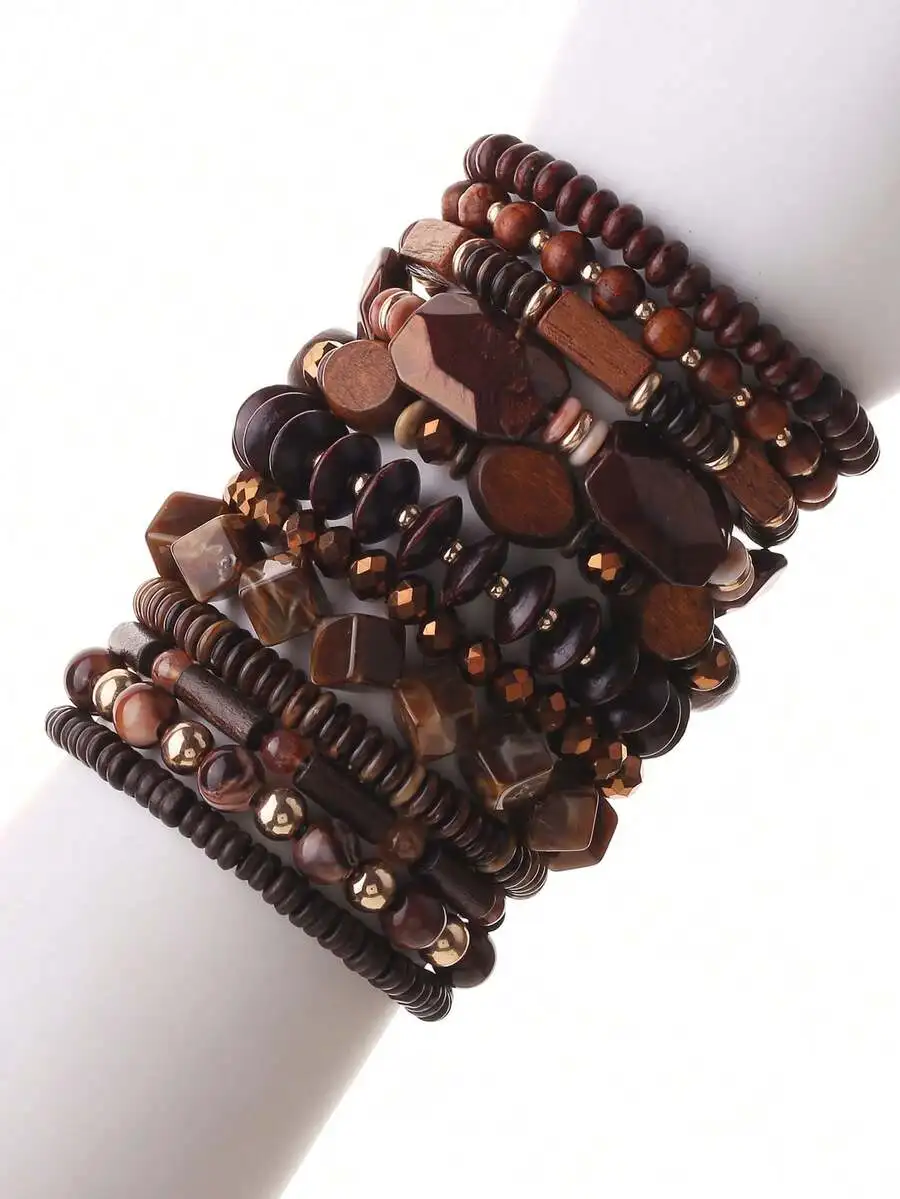12pcs Bohemian Wooden And Resin Dark Brown Layered Bracelet Set For Women