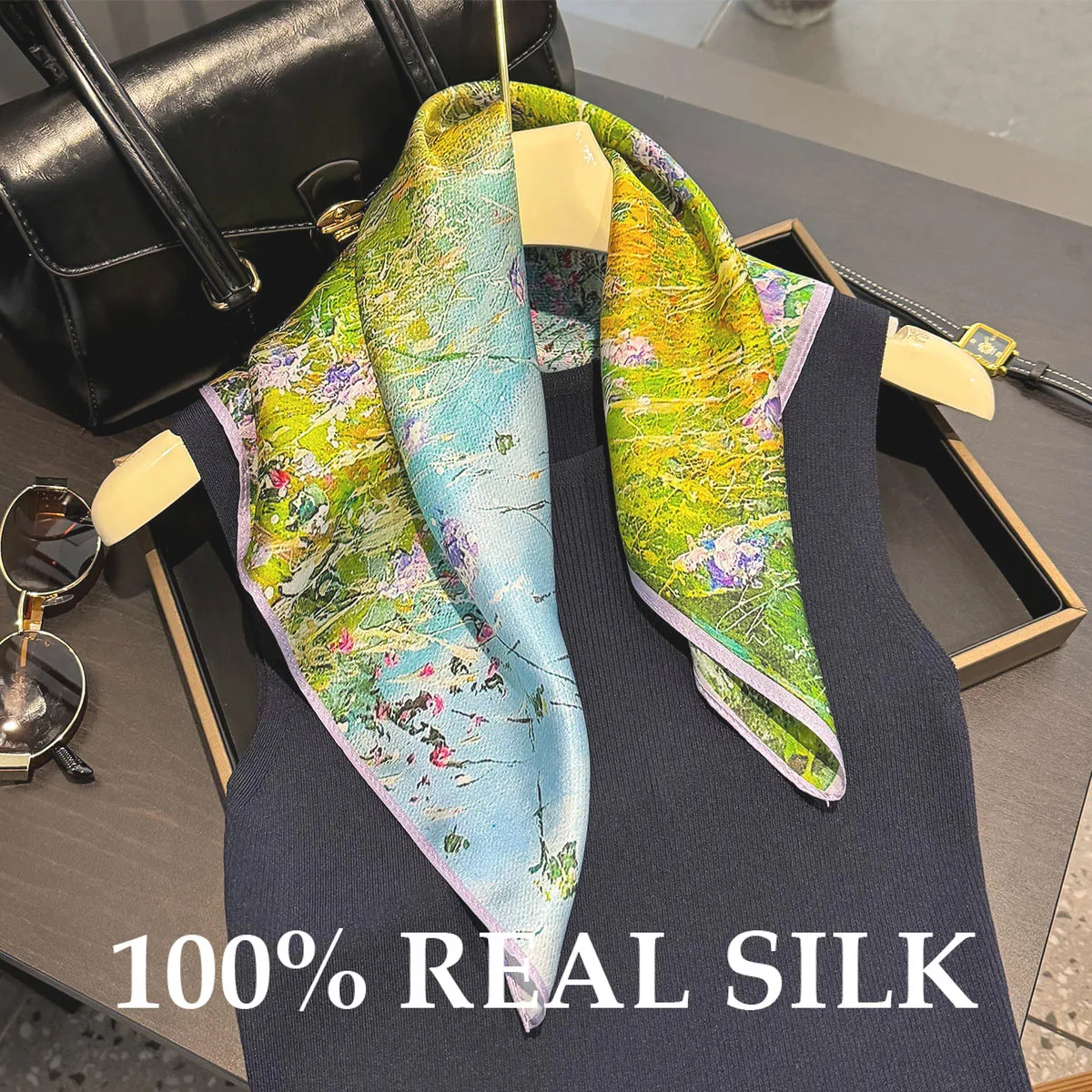 

Женский шарф из 100% натурального шелка, 53 см, роскошный платок, весна-лето, шейный платок, повязка на голову, цветок, хиджаб, сумка, украшение, платок, бандана