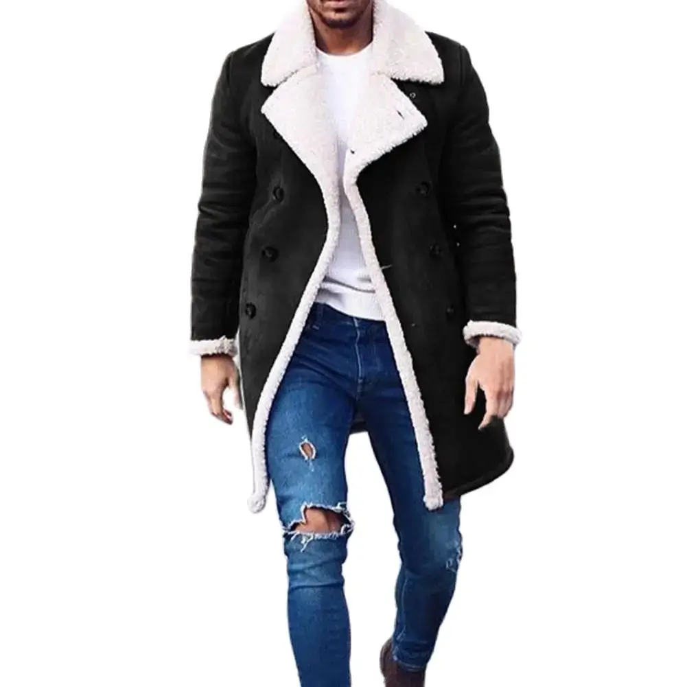 

Men Jacket Contrast Colors Long Jacket Warm Winter PU Jacket Biker Leather Coats