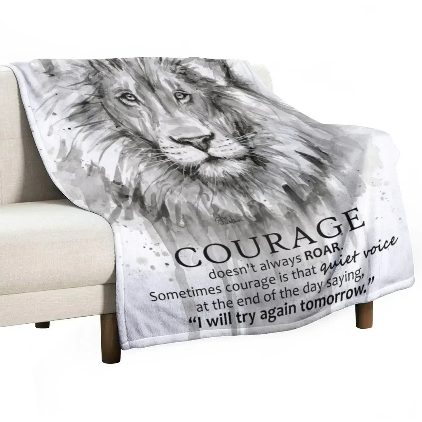 Courage Quote Lion Motivational Watercolor Throw Blanket christmas gifts heavy to sleep Blankets