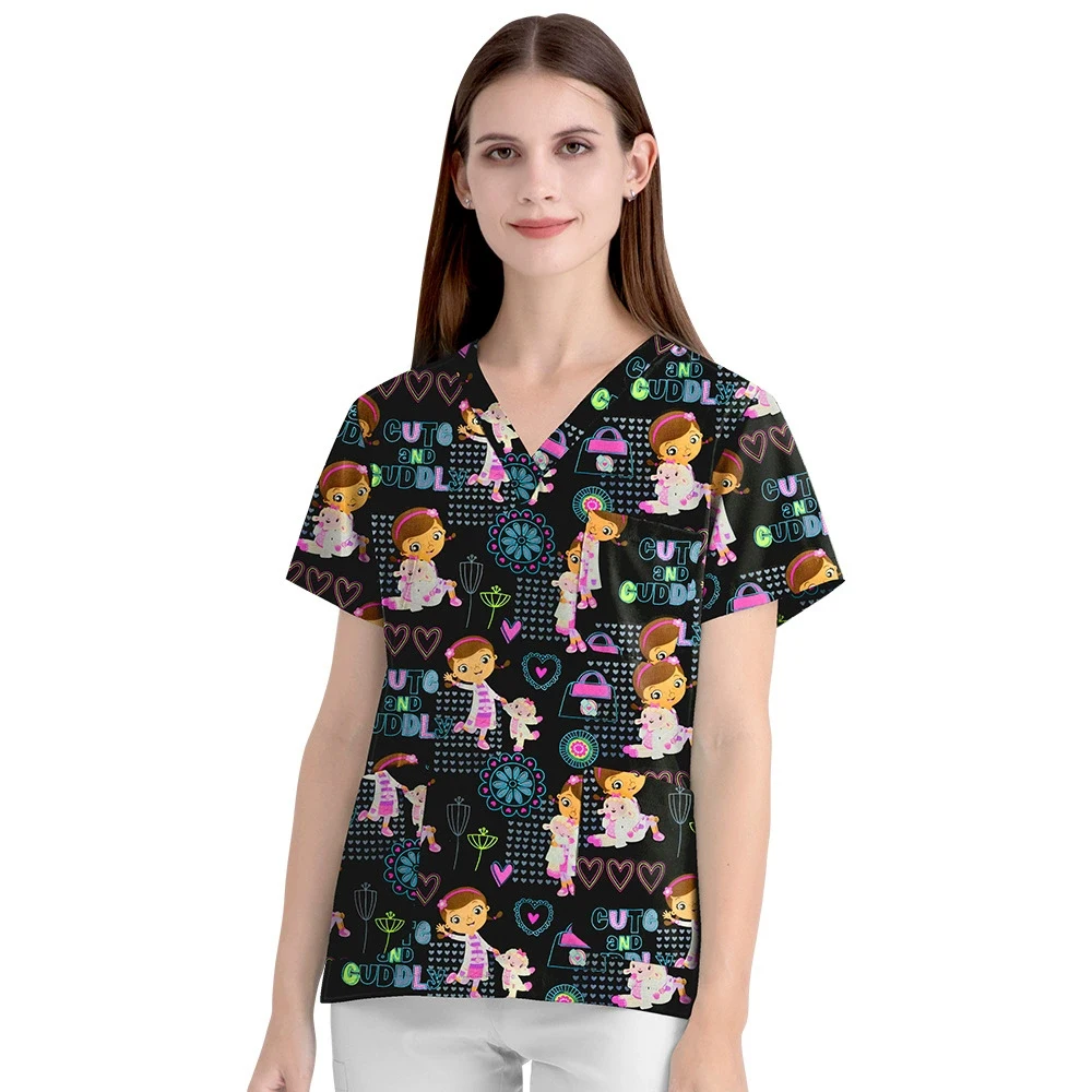 Scrub medico stampato a fumetti Top 100% puro cotone con scollo a V Uniformi chirurgiche ospedaliere Uniforme clinica per salone di bellezza Enfermeria