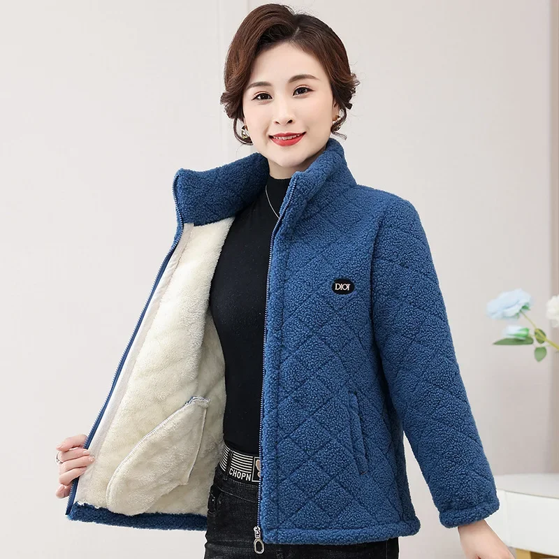 

Middle-Aged and Elderly Women's Clothing Velvet Fleece-Lined Coat Warm Stand Collar Zippers Cardigan Mother's Attire New Jacket