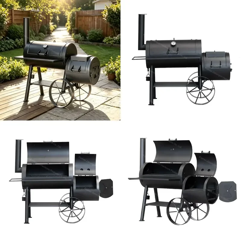 Outdoor Heavy-Duty Modern Steel Powder Coated Charcoal BBQ Grill Trolley Wheels Adjustable Height Flame Safety Easily