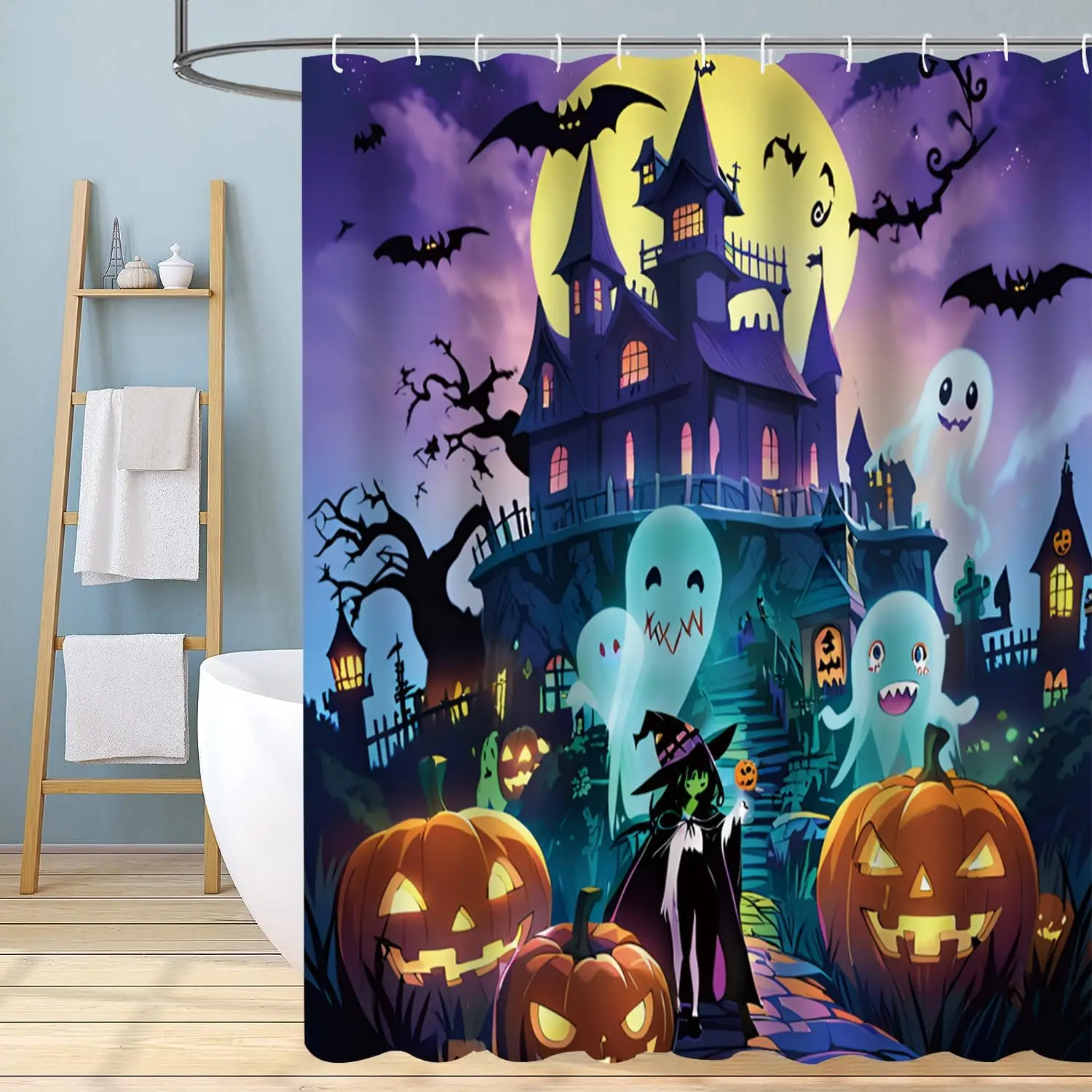 Halloween Shower Curtain, Scary Shower Curtain Set, Spooky Castle Decor, Horror Haunted House Bathroom Home Indoor Decorations