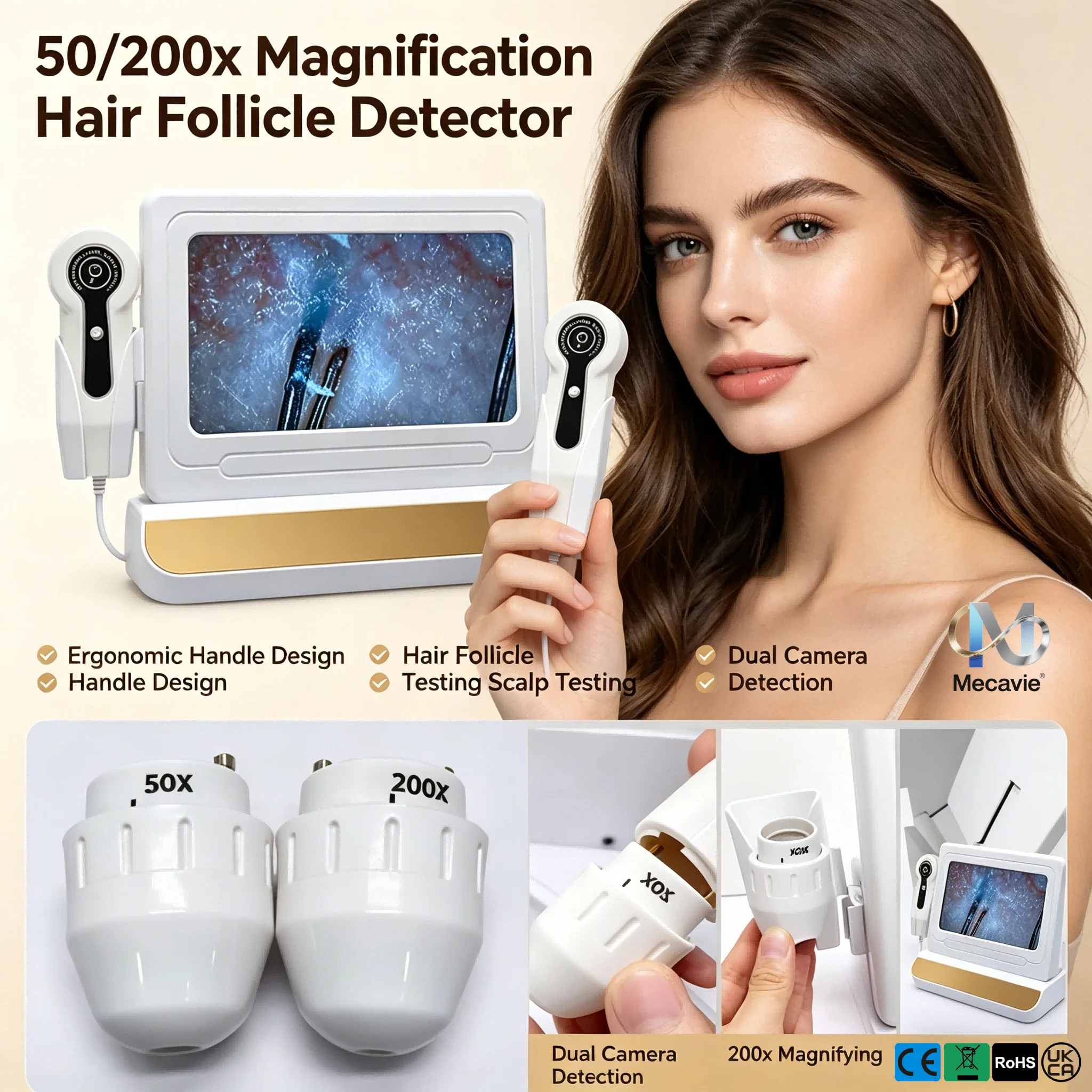 200/50X Skin Hair Scalp Detector Dermascope For Skin Scanner Machine Digital Microscope HD Hair Follicles Skin Analyzer 10 Inch
