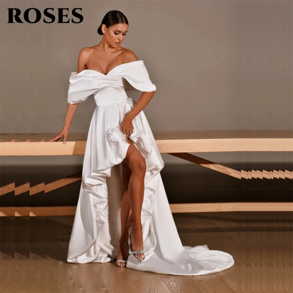 ROSES White Evening Dress Front Short Back Long Party Dress Sexy Off The Shoulder 프롬드레스  Sweetheart Short Sleeves Prom Dress