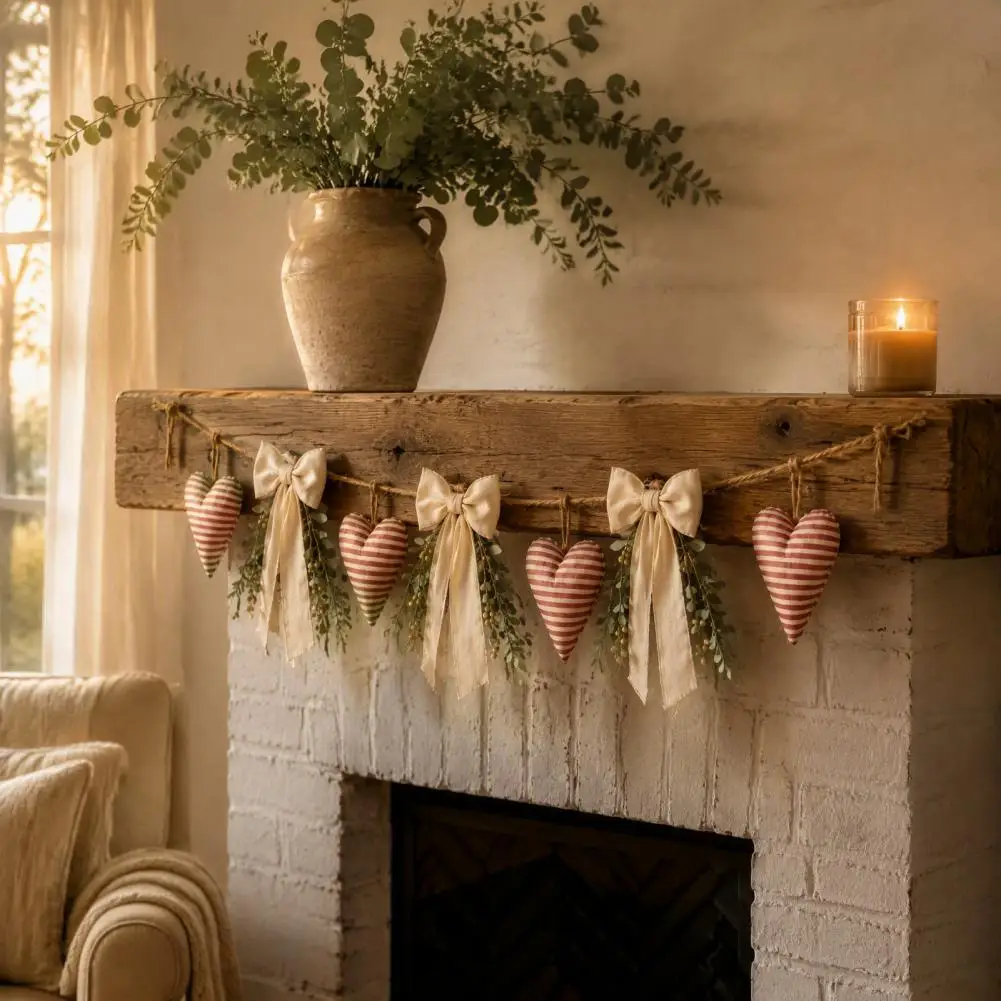 Pastoral Style Ornaments Striped Fabric Heart Bow Garland Jute Rope Bunting Banner Farmhouse Rustic Wall Hanging Decor for Home
