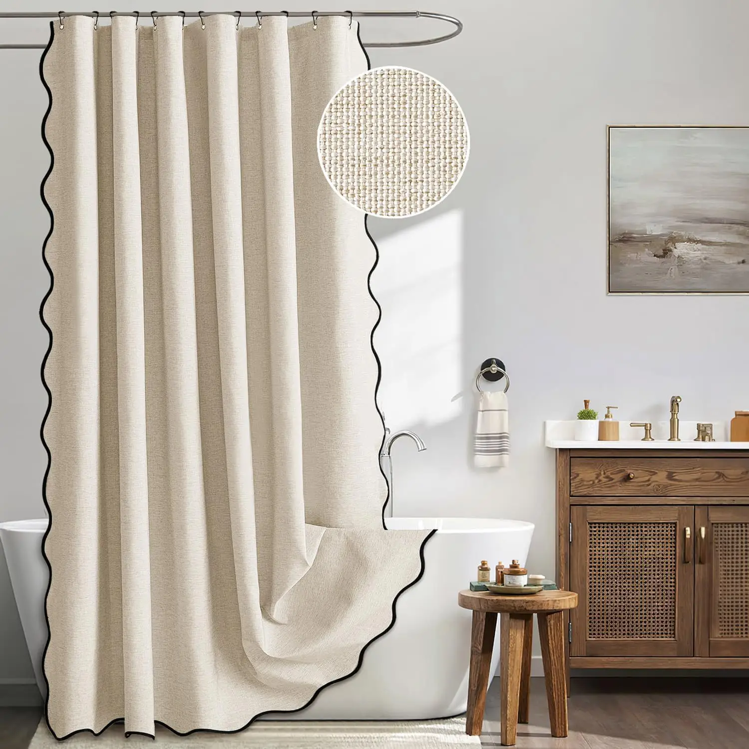 Imitation Linen Lace Wave Edge Shower Curtain Waterproof Toilet Partition Curtain Solid Color Bath Curtains Bathroom Decor