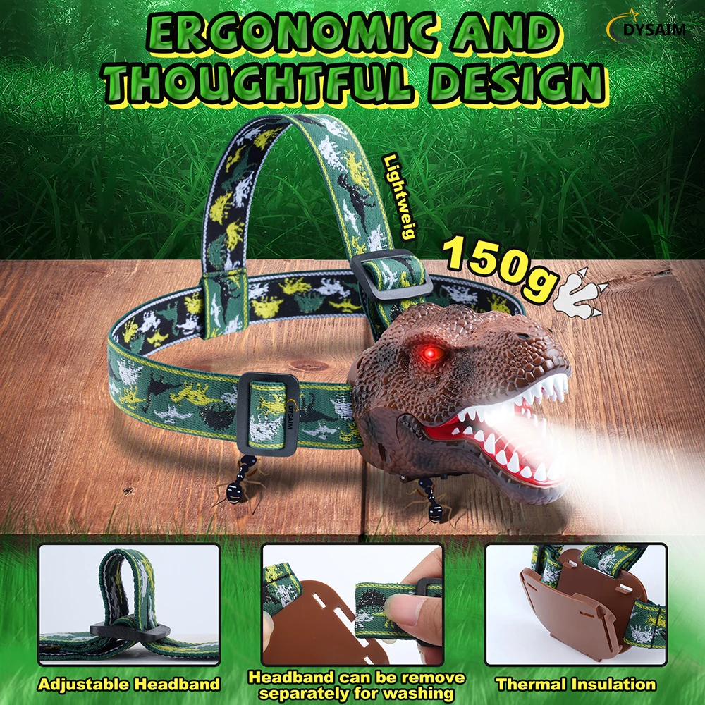 Dinosaur Headlamp LED Headlight for Kids Dinosaur Toys Child Head Flashlight Type-C Recharge Roaring Dino Head Lamp for Camping